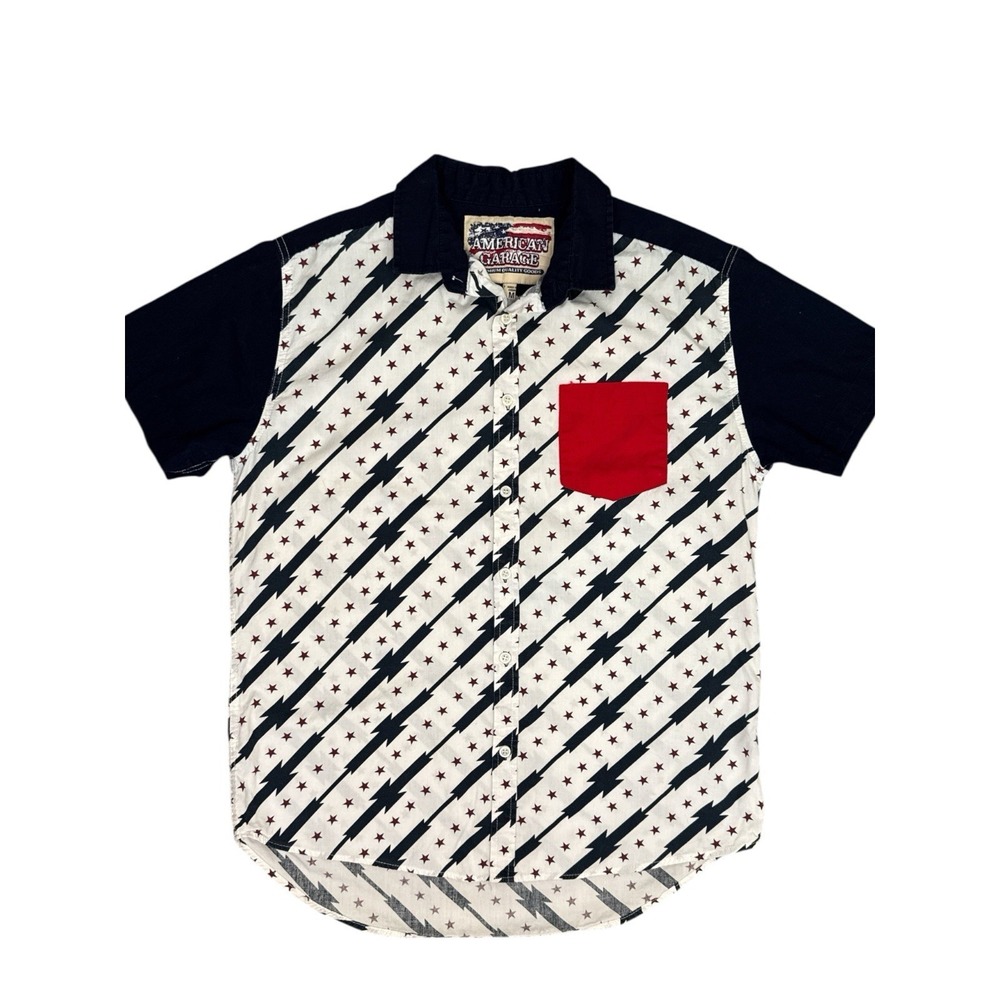 American Garage Star Print Button Down Shirt Red White Blue Cotton Men's Medium